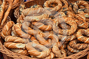 Street baked goods in a basket, traditional European bagels