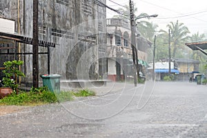 Street of Bang Muang town at heavy rain