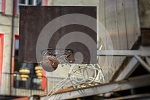 Street basketball game. Basketball shield, ball going through basket. Concept of sport, hit accuracy, active lifestyle