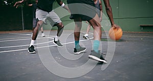 Street basketball game on sport basketball court for outdoor fun, fitness or workout training. Diversity, teamwork and