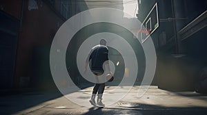 A street basketball player dribbling a ball in an inner c created with generative AI