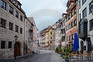 Street with beautiful colorful half timbered houses In Nuremberg, Germany