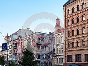 Street with beautiful facades in the center of Kyiv, the capital of Ukraine