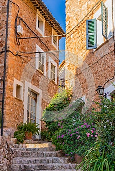 Street in beautiful village Fornalutx on Majorca island, Spain