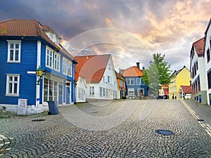 Street of Bergen with traditional wooden houses in old town. Norway