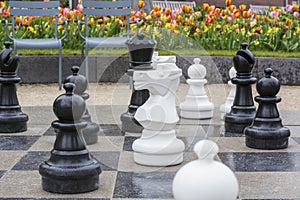 Street black and white chess figures are on the chessboard