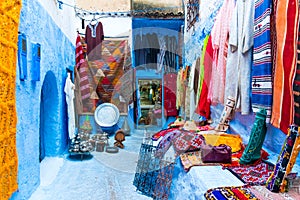 Street in blue city medina in Chefchaouen, Morocco, Africa