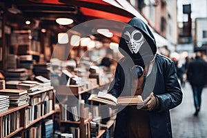 Street bookseller. A salesman in an alien mask sells old books at a street market. AI generated