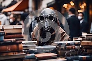 Street bookseller. A salesman wearing an alien mask sells very old books at a street market. AI generated