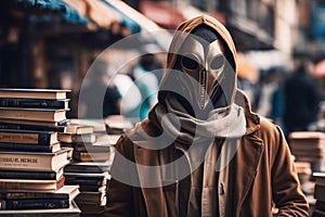 Street bookseller. A seller wearing an alien mask sells very old books at a street market.AI generated