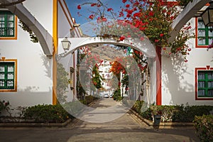 Street with bougainvillea flowers in Puerto Mogan, Gran Canaria island, Spain