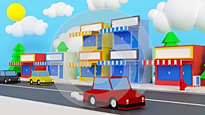 Street buildings small urban shop front store in small city with car on the road, 3D rendering