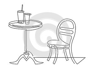 Street Cafe. Chairs near a table with cocktails.Continuous line drawing. Vector illustration