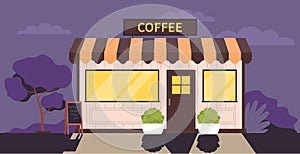 Street cafe with coffee and snacks at night time. Restaurant or shop architecture building front view. Facade with door