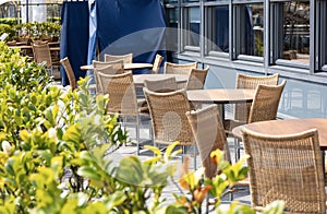 Street cafe with empty tables in Copenhagen.