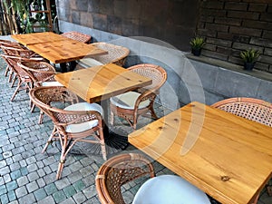 Street cafe exterior with tables and chairs