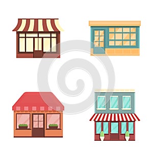 Street cafe icons set cartoon vector. Colorful facade of cafe with canopy