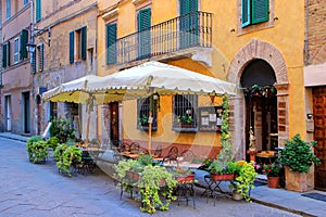 Street cafe in Montalcino town, Val d`Orcia, Tuscany, Italy.