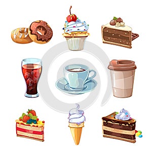 Street cafe products vector cartoon set. Chocolate, cupcake, cake, cup of coffee, donut, cola and ice cream