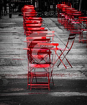 Street Cafe with Red Tables and Chairs