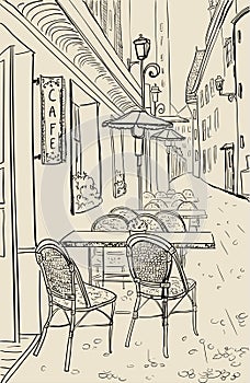 Street cafe sketch illustration.