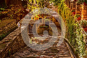 Street and cafe view at Makrinitsa village of Pelion, Greece