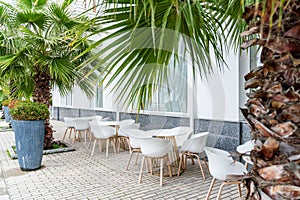 Street cafe with white chairs, green foliage around. Without people, tourism, travel.