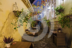 Street cafes at night in Tallinn, Estonia