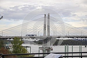 Street car crossing Tilikum Crossing Bridge in Portland