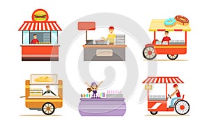 Street Cart and Booth with Man and Woman at Market Stall Selling Snacks and Drinks Vector Set