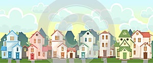 Street. Cartoon houses with sky. Village or town. Seamless. A beautiful, cozy country house in a traditional European