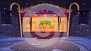 Street Christmas market stand vector illustration.sale of toys on Christmas Eve