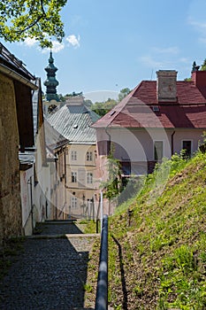 Street with a church, Banska Stiavnica, Slovakia