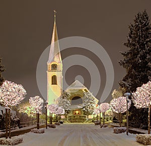 Street and Church, Illuminated for Christmas photo