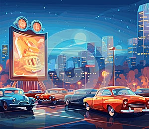 Street cinema scene with parked cars. Night bright movie atmosphere, parking behind the night city and the sky of deep