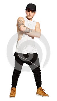 Street city clothes. Young man in studio, isolated on white. PNG available