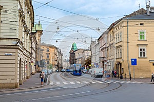 Street of the city of Krakow, tram public transport