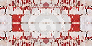 Street City Urban Red White Brick Wall Broken Plaster Backdrop. Textured White Red Solid Background. Symmetrical Pattern