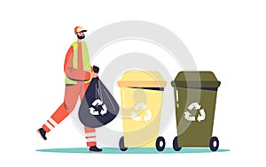 Street cleaner gathering garbage, trash collector service worker in uniform at recycle containers