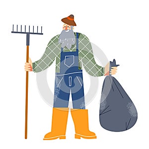 Street cleaner standing with garbage bag and rake, man working in cleaning service