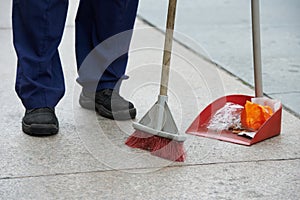 Street cleaning and sweeping with broom