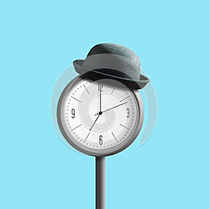 Street clock in a hat, on a blue background. Business and time concept.