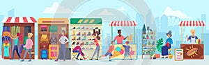 Street clothing and food market flat vector illustration