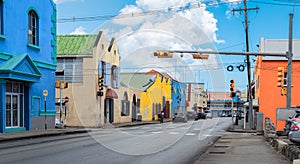 Street and colorful buildings in Bridgetown, Barbados.