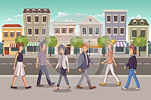 Street of a colorful city with cartoon business people