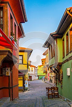 Street with Colorful Houses and cobbles in Eskishehir City, Turkey