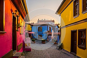 Street with Colorful Houses and cobbles in Eskishehir City, Turkey