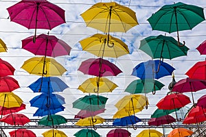 Street Colorful umbrellas flying