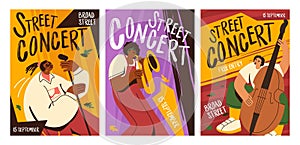 Street concert posters set. Advertisement flyers of music event. Musicians play musical instruments, singer sings song