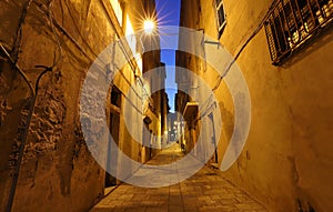 Street of Corsican city Bastia at night , Corsica island, France